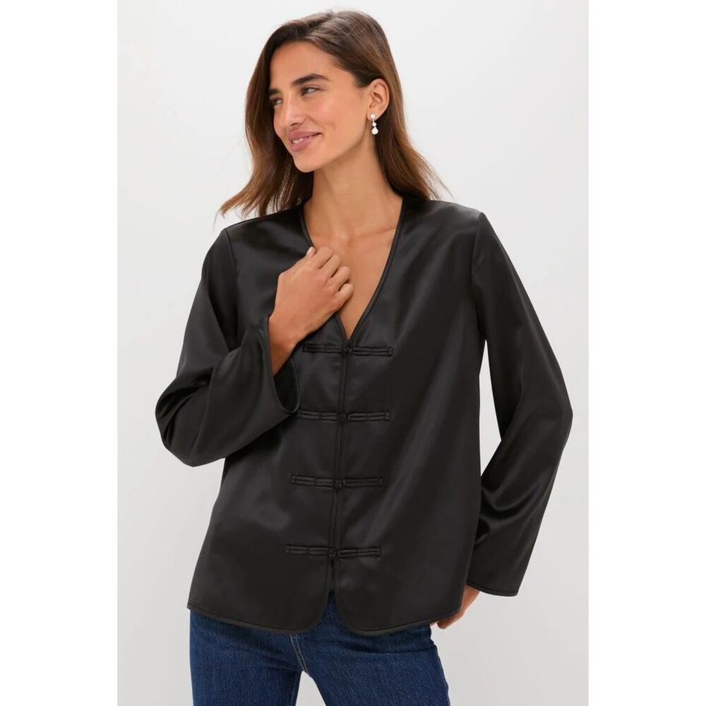 NWT Tuckernuck Tatiana Blouse Black Satin Frog Closure Long Sleeve Women sz XS